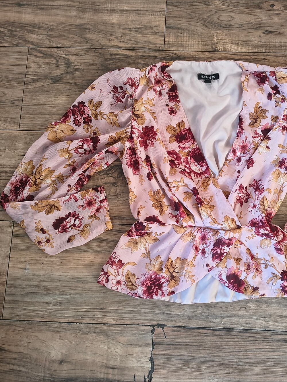 Express Pink Floral Wrap Peplum Blouse with Gold Accents